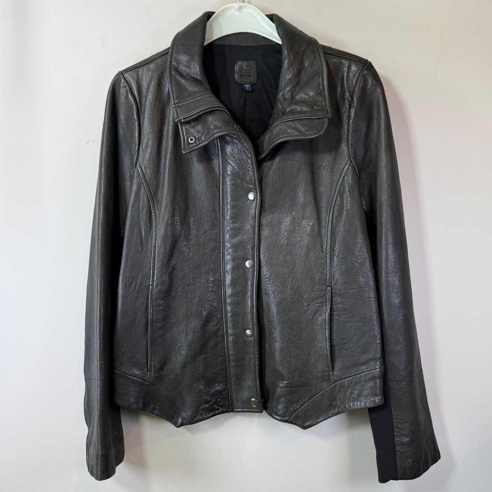 Gap Edition Soft Leather Moto Jacket Women's L Black Mixed Media Zip Snap Biker